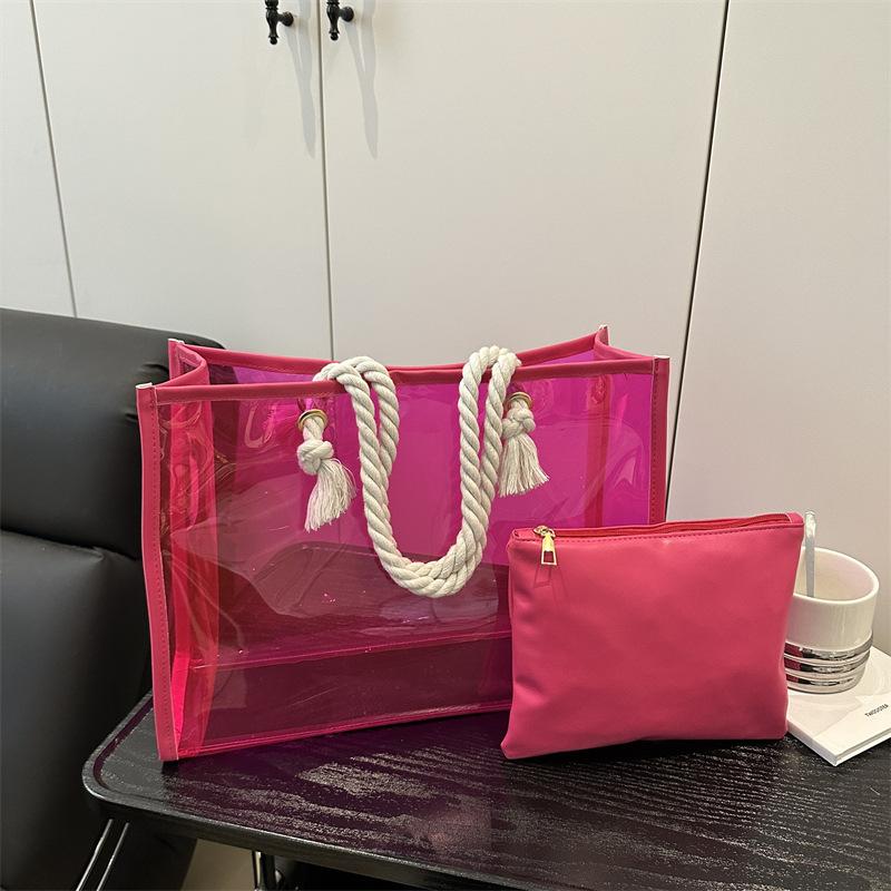 

Summer new fashion personalized transparent bag beach bag tote bag casual large capacity portable shoulder bag women троянди рожеві кольору