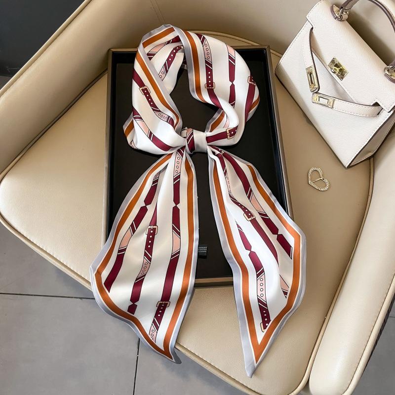 Fashion Blue Print Silk Scarf Women Soft Satin Horse Hairband Bevel Neckerchief Office Hijab Headband Foulard Bag Ribbons Gift