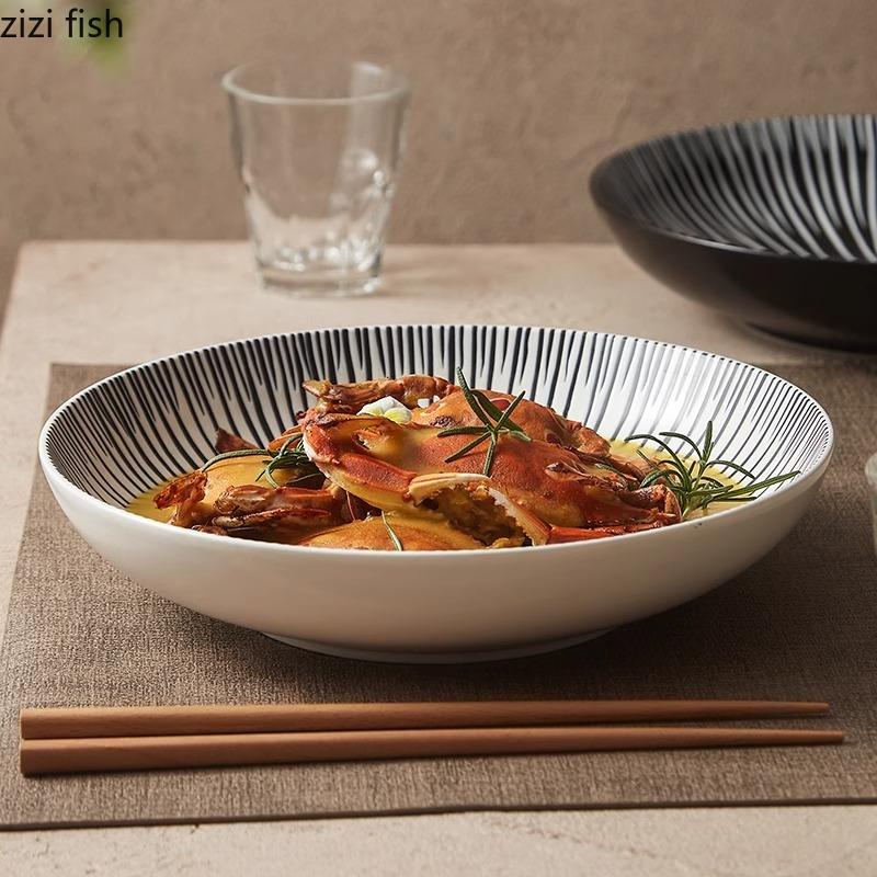 Irregular Striped Ceramic Salad Plate Creative Deep Plate Thick Soup Plate Dessert Plates Restaurant Underglaze Color Tableware