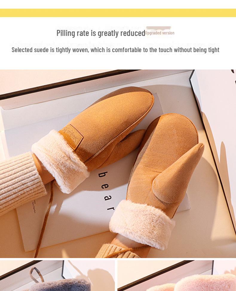 Women's Suede Winter Gloves, Warm and Windproof with Velvet and Hanging Neck Design.