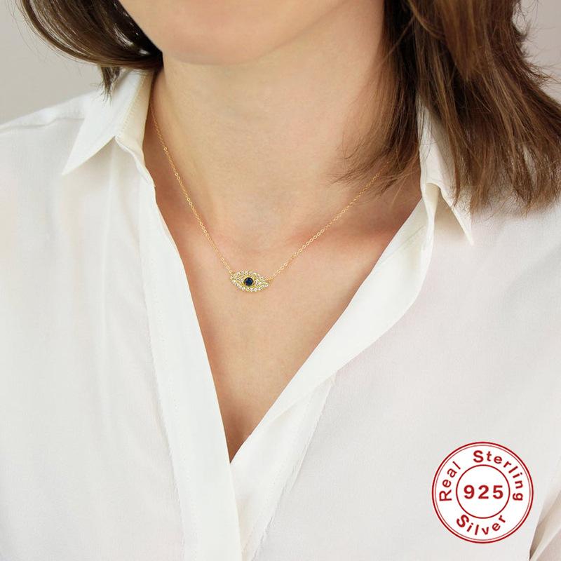 Collier Classique en Argent Sterling S925 Œil Bleu Diamant Vent Collier Pendentif Œil du Diable Collier Clavicule