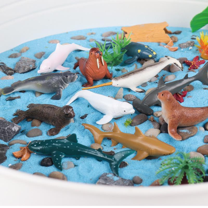 Mini Marine Animal Set: Manta Ray, Tiger Shark, Crab, Blue Whale, Megalodon Models