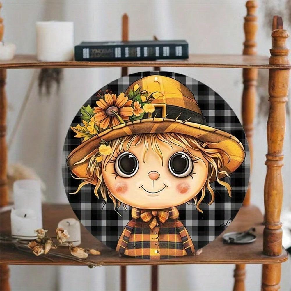 Metal Tin Sign Scarecrow Wall Art Weatherproof Door Decor Round Wreath 8 Inch HD Print