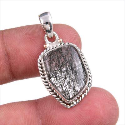 Natural Black Rutile Gemstone Handmade 925 Solid Silver Gift Pendant 1.25" N1R87