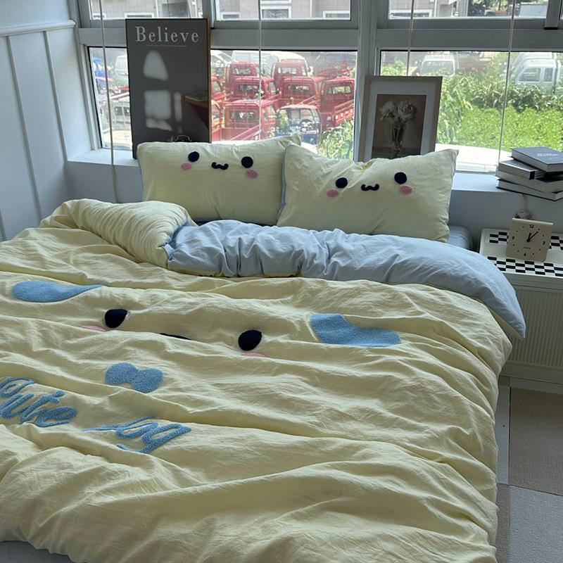 Super Soft Washed Cotton Towel Embroidered Cartoon Bedding FourPiece Set, Bed Sheet Quilt Cover, Student Dormitory ThreePiece Set