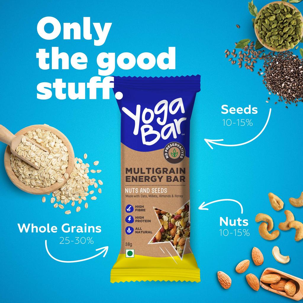 Yogabar Energieriegel - Packung mit 20|Gesunde Ernährung mit Früchten, Nüssen, Hafer und Hirse, Glutenfreie und proteinreiche knusprige Granola-Riegel, 700 Gramm, Nuss & Se