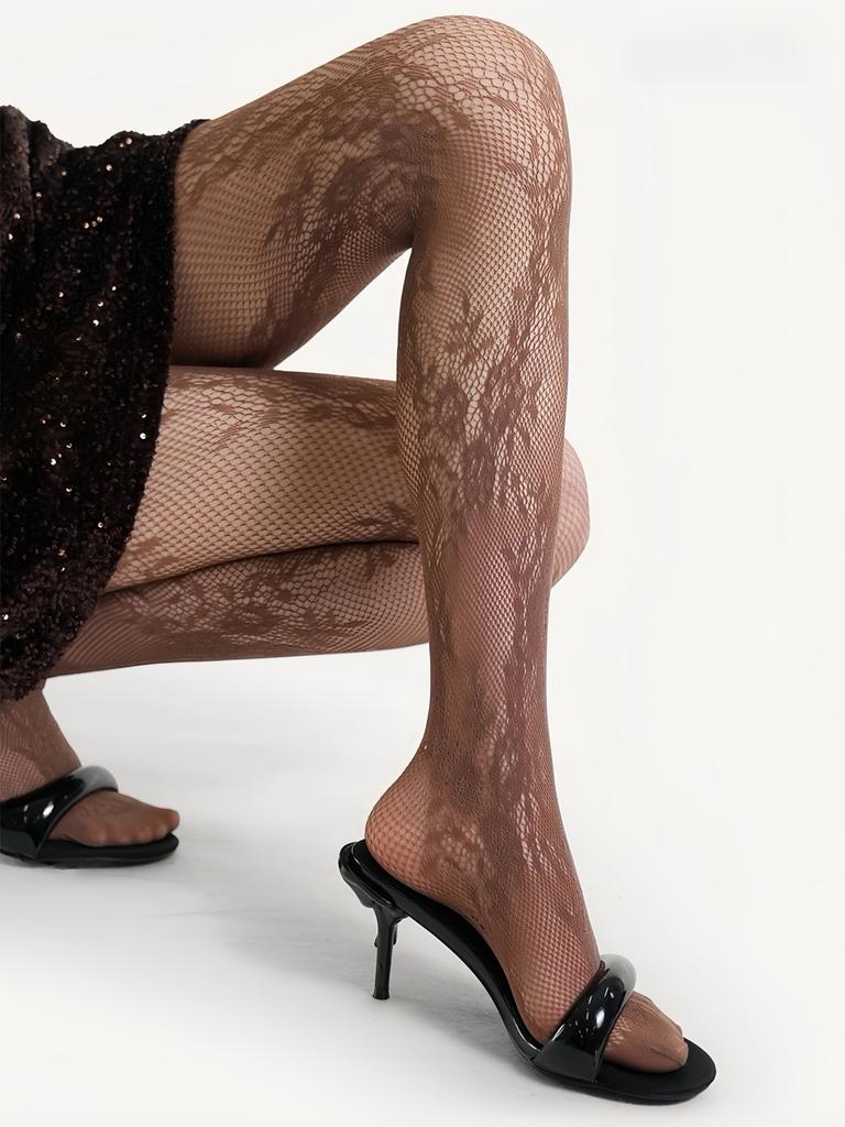 Women‘S Coffee Brown Fishnet Stockings With Lace Jacquard Cut-Out Patterns High-Stretch Snag-Resistant Edgy For Date