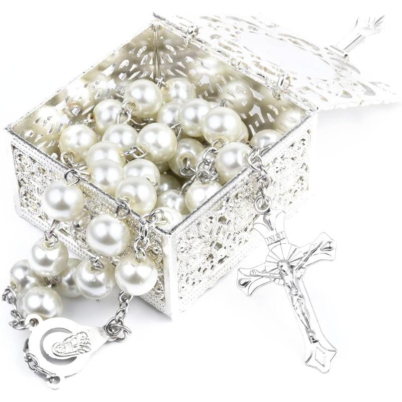 Neues Erstkommunion-Rosenkranz für Mädchen Rosenkranz-Halskette Rosenkranzperlen Rosenkranzperlen Katholisch für Verpackung in Heiliger Kelch Metall-Geschenkbox