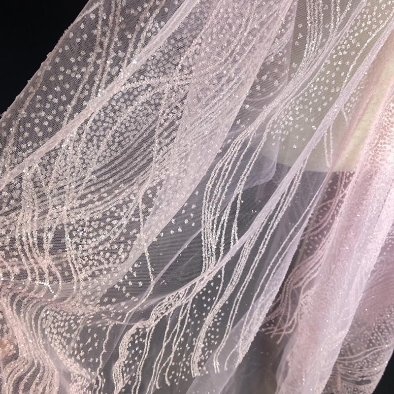 Glitter Sequin Lace Fabric Iron Bronzing Wave Pattern Polyester Material Bridal Wedding Party Evening Dress Fabric DIY Textile
