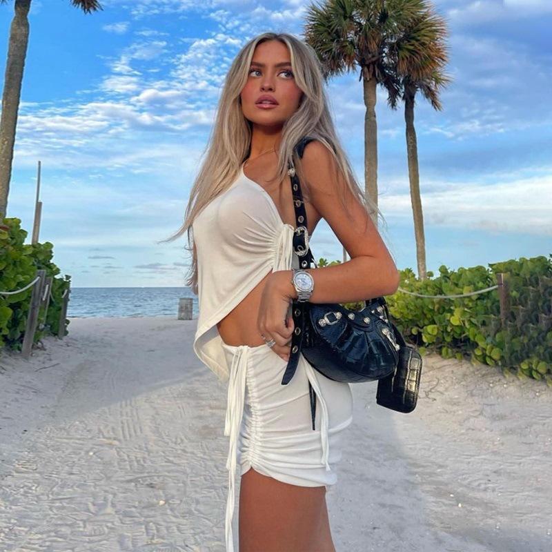 Summer Women's One-Shoulder Vest Drawstring Short Skirt Set