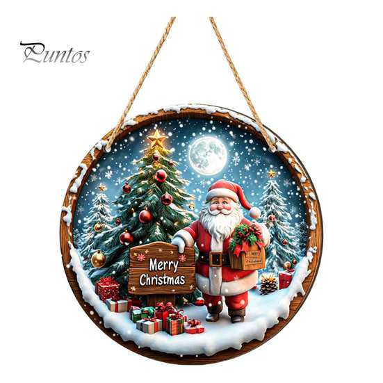 Rustic Christmas Wall Decor Wooden Round Hanging Sign, Santa Claus Highland Cow Winter Theme Farmhouse Ornament Door Decor, Holiday Welcome for Indoor