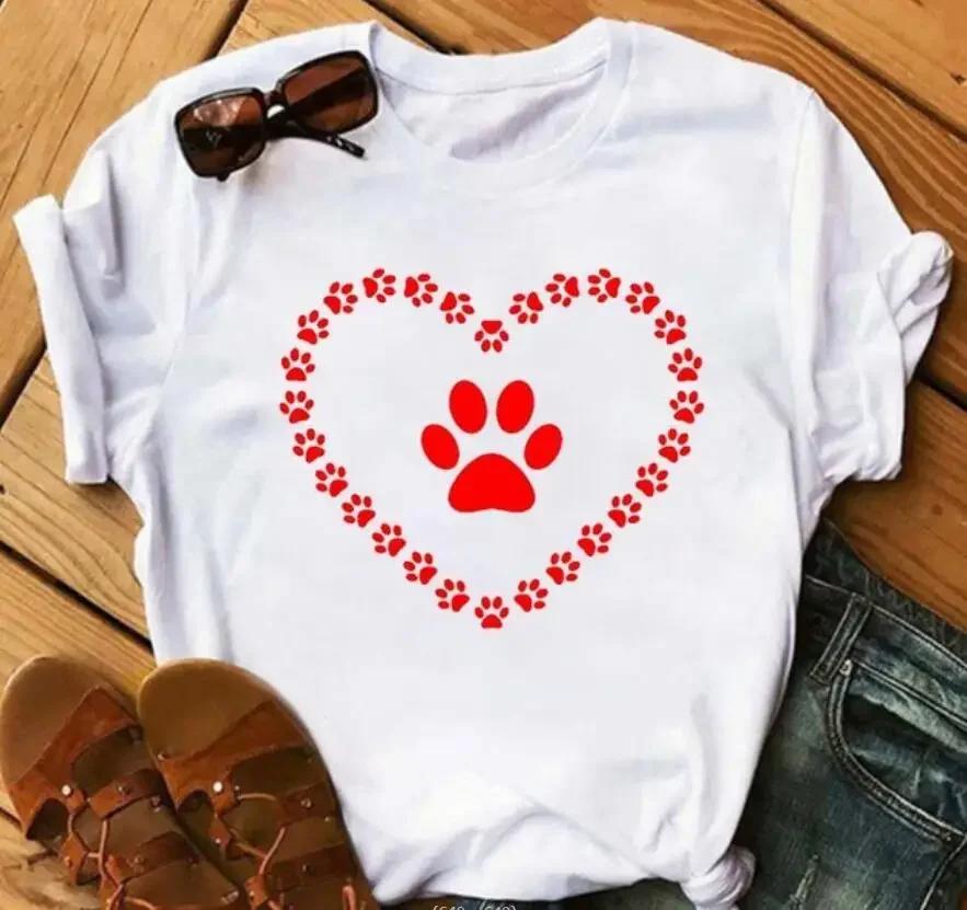 Women's Large Size Short Sleeve Crewneck T-Shirt Cartoon Hand-Painted Dog Paw Print Warm Polyester Fabric Summer Fashion