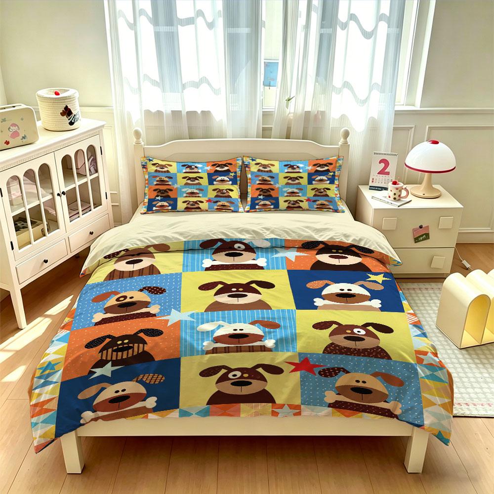 3PCS Colorful Plaid Cartoon Dog Star Duvet Cover Set, No Insert, Soft Machine Washable Bedding Decor