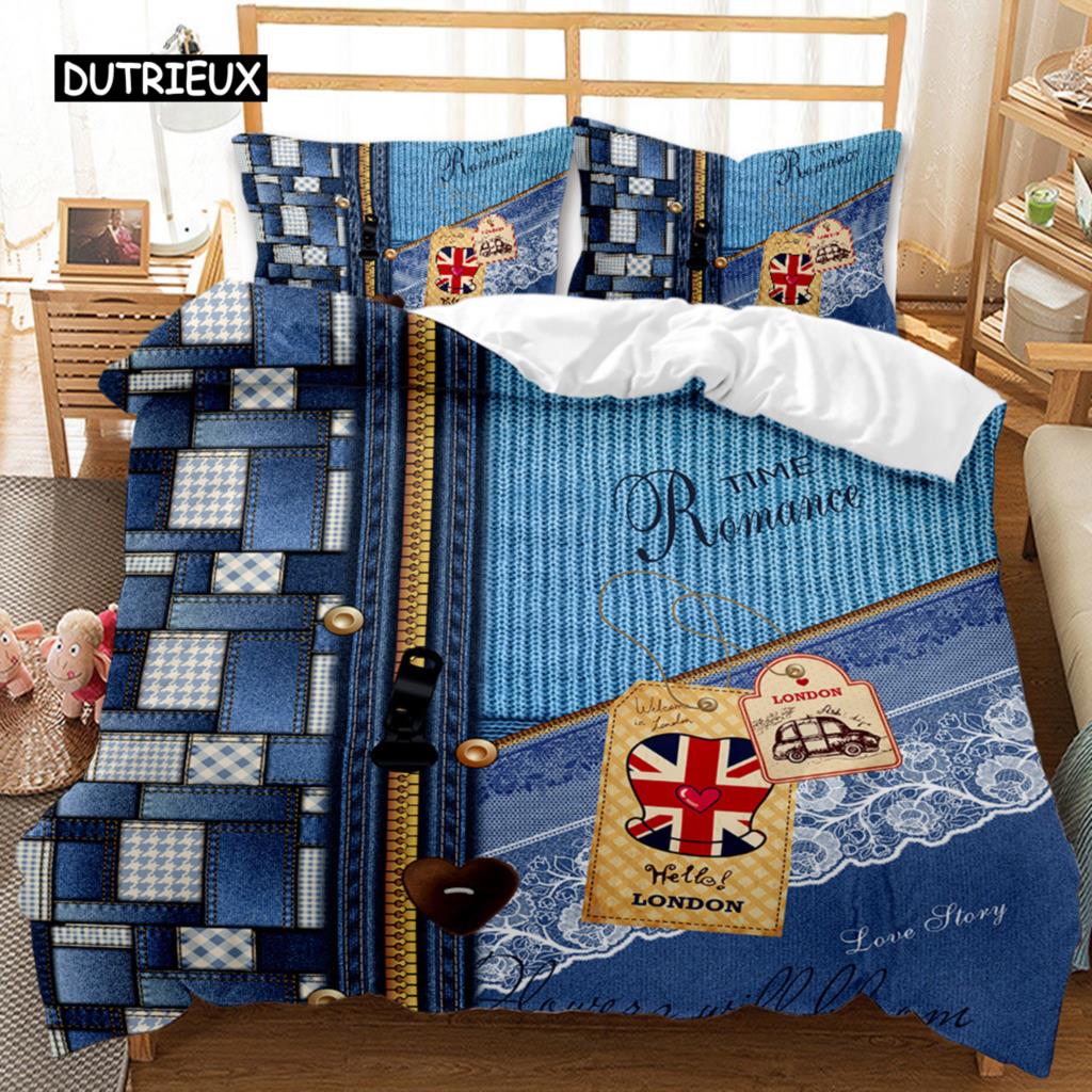 British Style Duvet Cover Set Cartoon Small Fresh I Love Paris Bedding Set for Kid Teen Polyester Paris Street Scene Quilt Cover