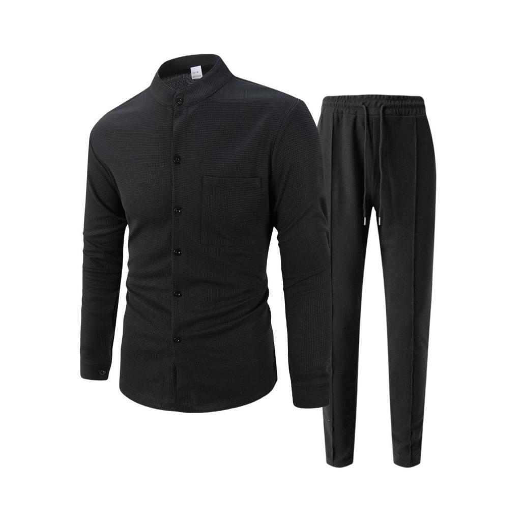 Men's European Autumn Waffle Knit Stand Collar Cardigan & Long Pants Set