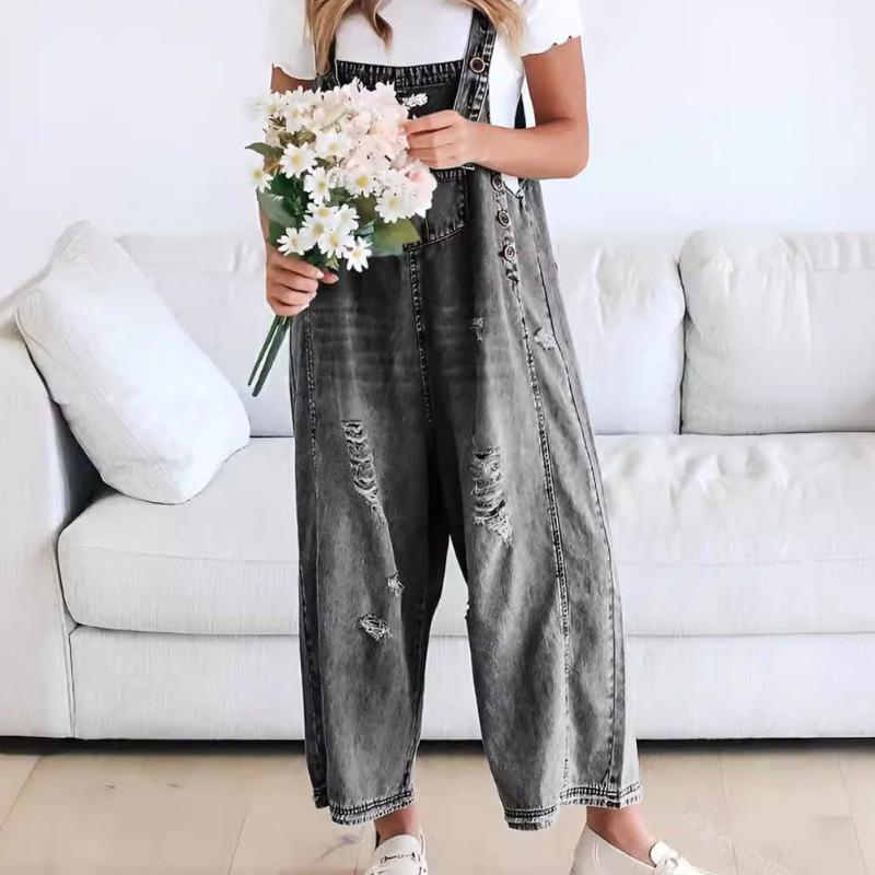 

Модные ретро потертые отверстия свободные широкие штанины удобные повседневные джинсовые комбинезоны женские M серый