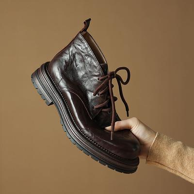 Fashion NEW Autumn/Winter Women Boots Genuine Leather Shoes for Women Round Toe Chunky Heel Shoes Lace-up Ankle Boots Black Riding Boots
