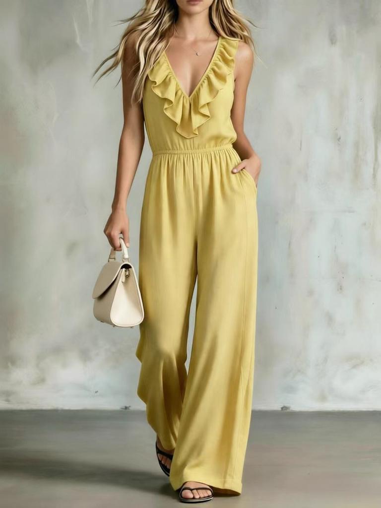 2026 European and American cross-border Amazon's new ruffle edge V-neck temperament fashionable and elegant slim women's jumpsuit