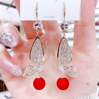 Mode 925 Silber Nadel Geometrie Schmetterling Rote Perle Ohrringe für Frauen Temperament Ohrring Ohr Schmuck Geschenk pendientes