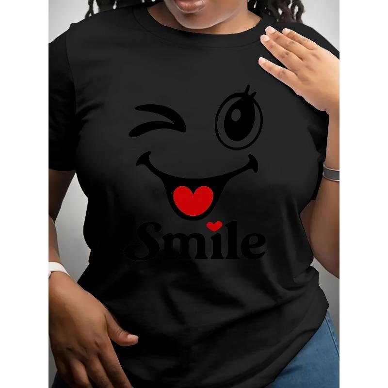 

European Size Women s Plus Size Oversized Short Sleeve T-Shirt -joyful Face&Smile Print White with Black Lettering,Round Neck Casual Top,Spring Summer 4XL