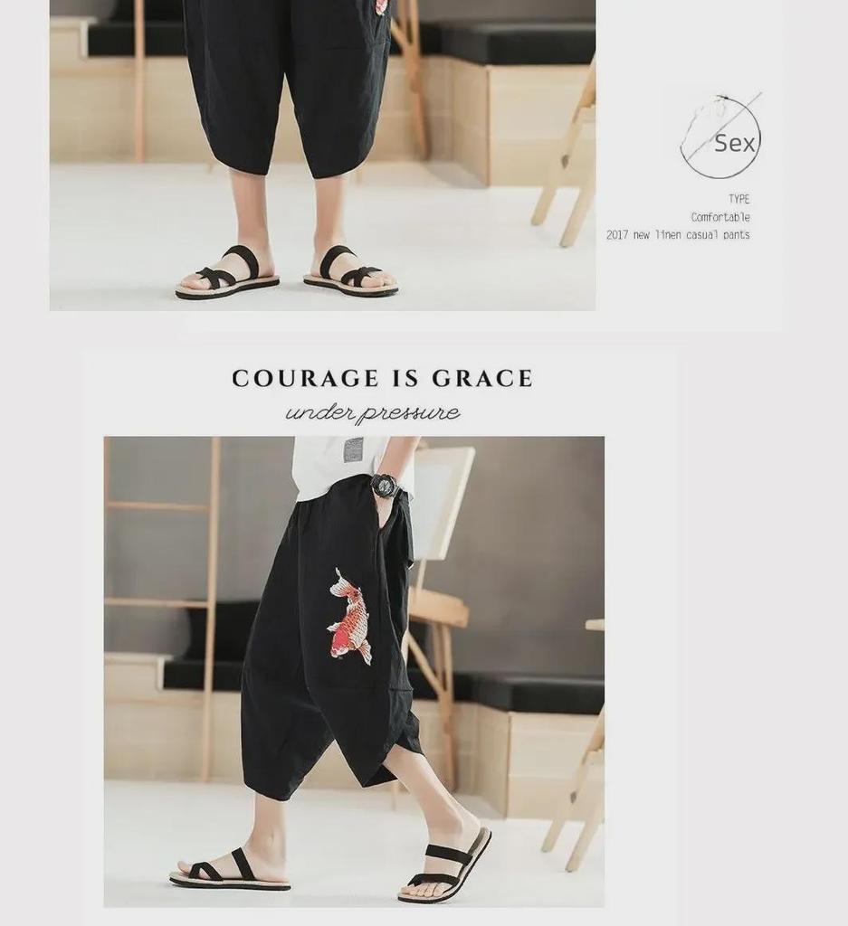 Herren Sommer Leinen Cropped Hose: Weitbeinige, lockere, trendige Harem-Strandshorts, lässiger chinesischer Stil.