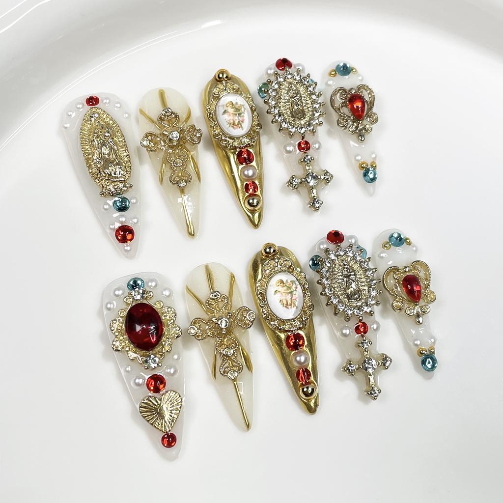 10Pcs Luxury Retro Religious Long Stiletto Nail Art Stickers Cross Angel Handmade Wearable Acrylic Fake Nails For Women