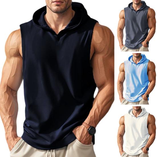 Gilet à Capuche Homme Sans Manches Été Bretelles Larges Couleur Unie Séchage Rapide Hauts de Sport Tenue Quotidienne