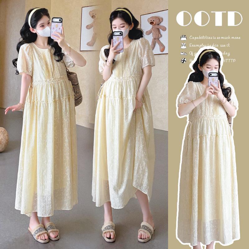 2026 Summer French Square Neck Embroidered Maternity Dress - Plus Size XL
