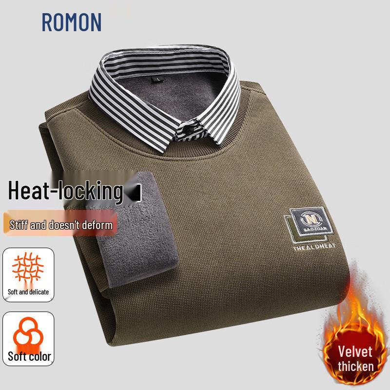 ROMON Men s Fleece Lined Faux Two-Piece Shirt Collar Sweatshirt 2XL