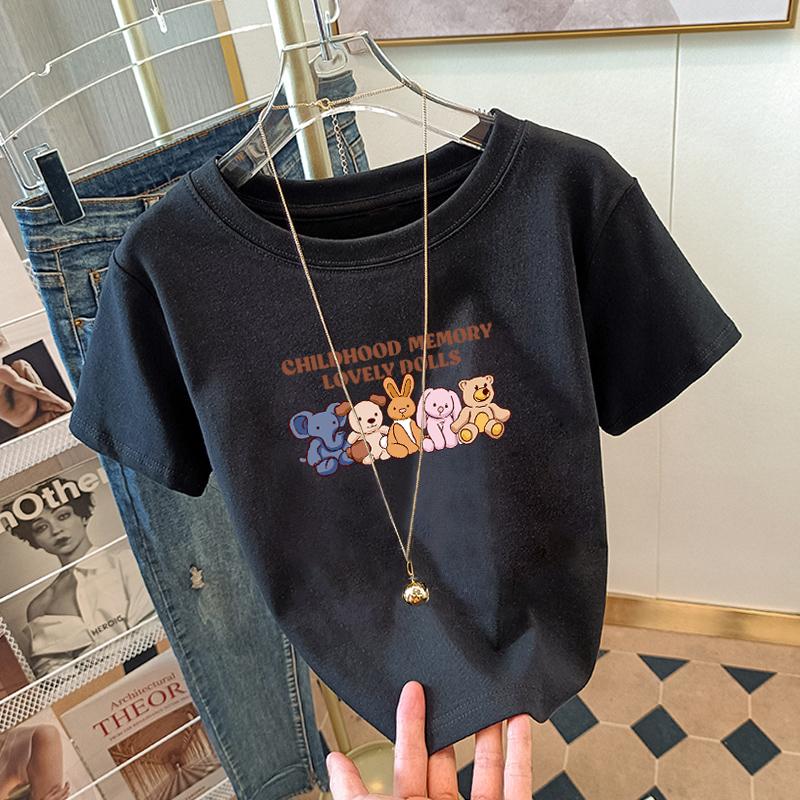 

2025 summer new apricot cotton short-sleeved t-shirt women s design printed front shoulder top 3XL