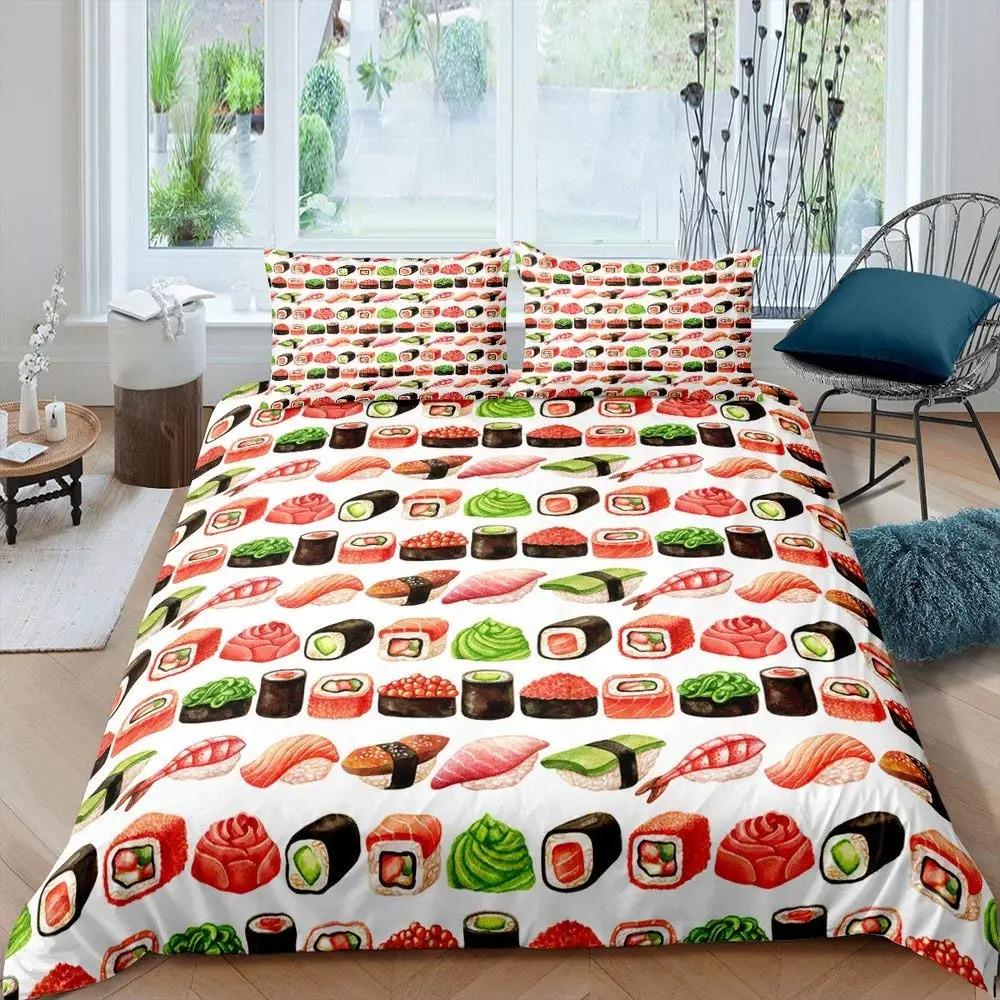 Japanese Sushi Duvet Cover King Size Microfiber Cute Cartoon Food Theme Bedding Set Quilt Cover