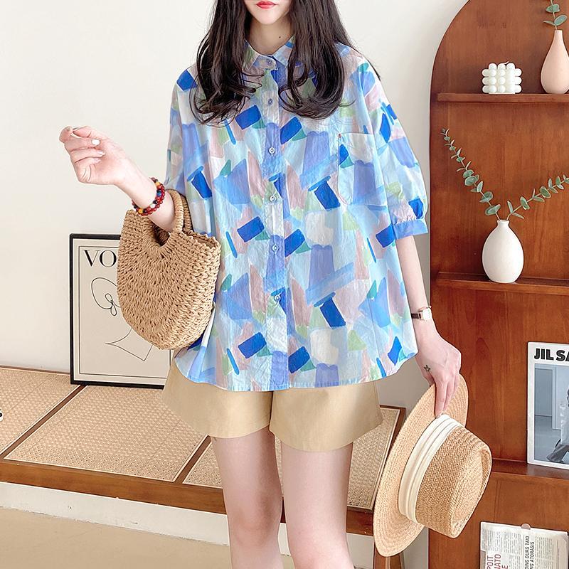 

Women Geometric Print Button Down Shirt Puff Sleeve Oversized Blouse S синій