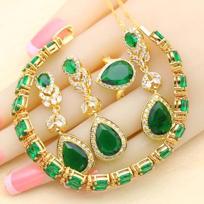 Ensembles de Bijoux Plaqués Or Goutte d'Eau Cristal Vert Pour Femmes Mariage Bracelet Boucles d'Oreilles Collier Pendentif Bague Cadeau de Fête
