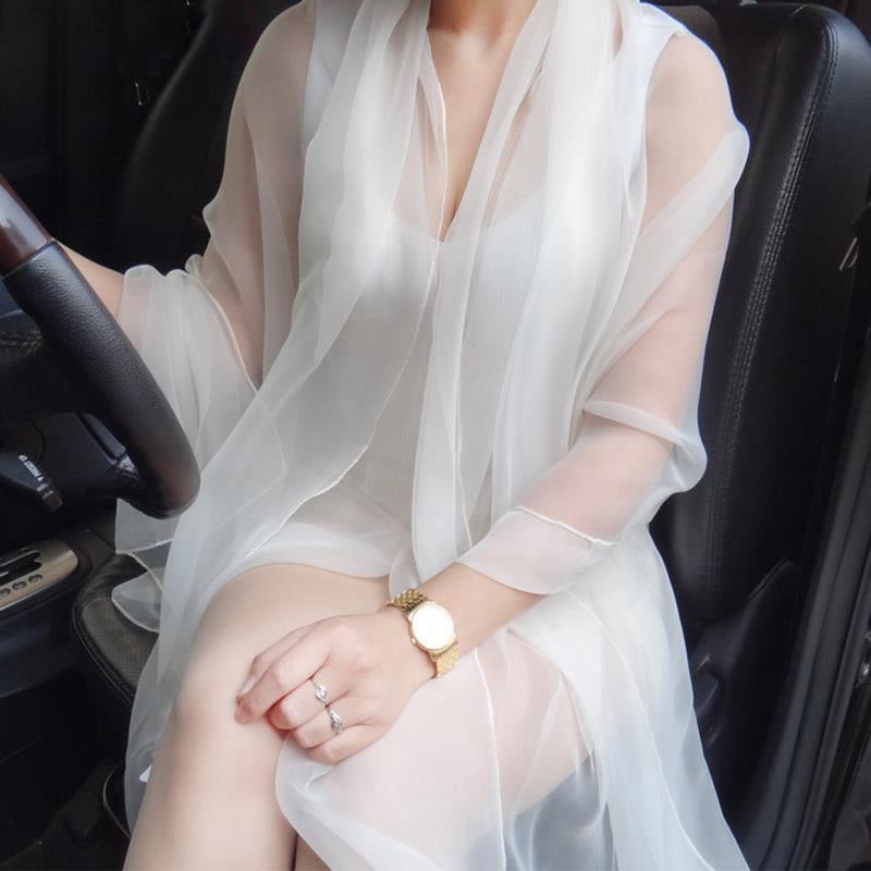 Korean Solid Color Transparent Sexy Thin Chiffon Beach Towel Sunscreen Shawl Women Summer Air Conditioning Ice Silk Scarf