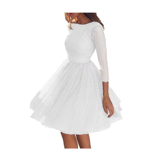 Glitter Starry Tulle Prom Dress For Women Long Sleeve Crew Neck Formal