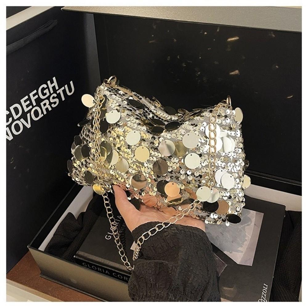 Portable Sequin Shoulder Bag Large Capacity Solid Color Chain Crossbody Bag Lightweight Female Handbag For Evening Party
