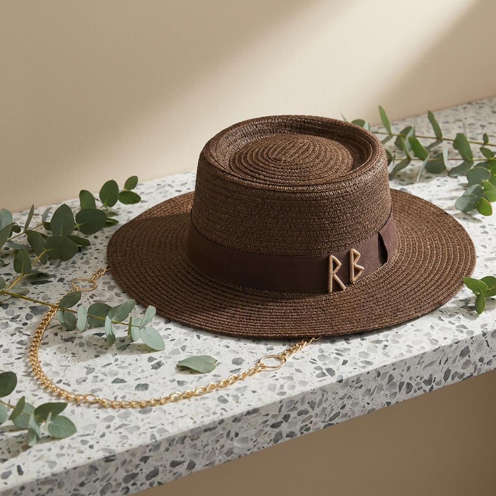 

Womens Summer Sun Hat Chain Straw Beach Panama Sombrero for Travel Outdoor Wide Brim Foldable UPF 50+ Sunscreen Cap With Letter M 56-58cm коричневый