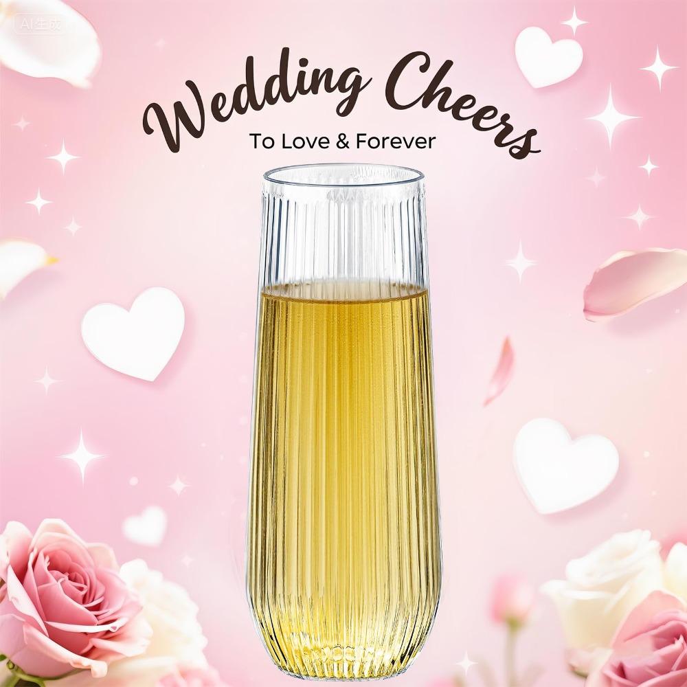 12pcs Plastic Ribbed Champagne Flutes 9 Oz Stemless Disposable Clear Plastic Toasting Glasses Shatterproof Cups Unbreakable Wine Glasses