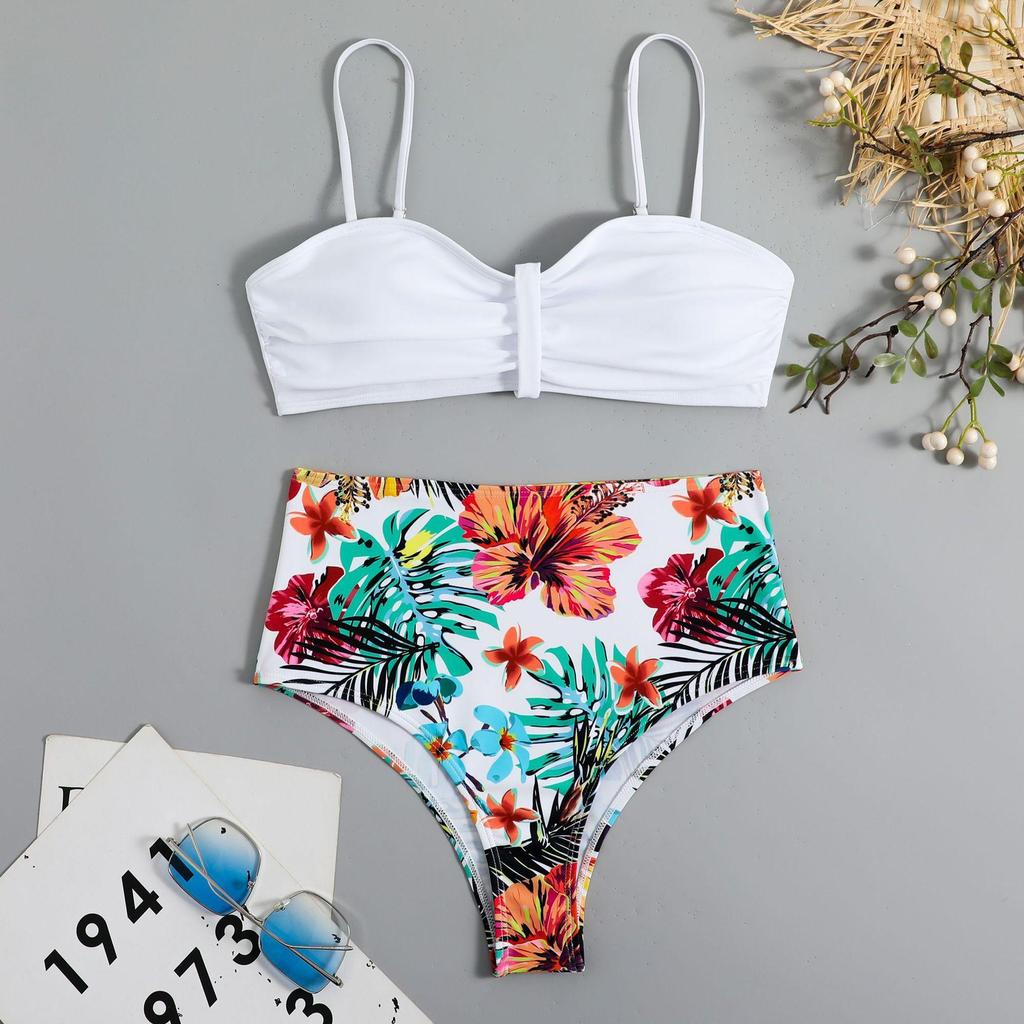Kadın Halter Boyun Bölünmüş Bikini Retro Seksi Düz Renk Baskı Bikini Seti
