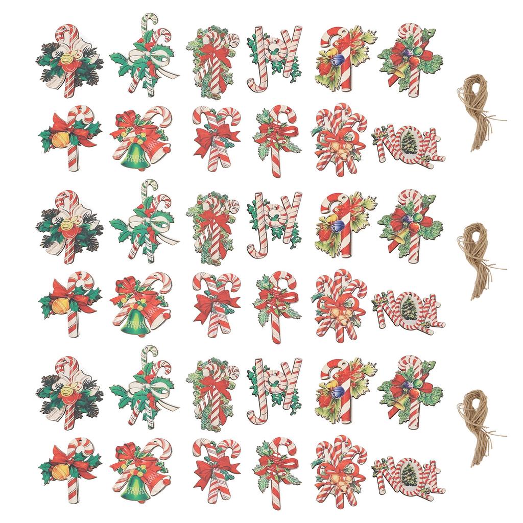 36pcs Xmas Candy Cane Hanging Decorations Cute Patterns Bright Colors Wood Candy Hanging Ornaments F