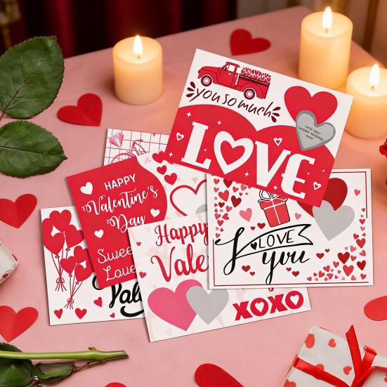 6/12Pcs Valentines Day Couple Scratch Card with Stickers DIY Romantic Love Heart Greeting Card Wedding Engagement Anniversary Party Supplies