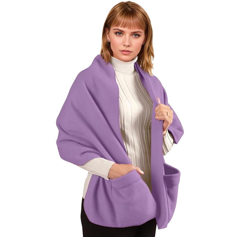 Unisex Thick Fleece Scarf Cape with Pockets - Warm, Solid Color, Wearable Shawl
