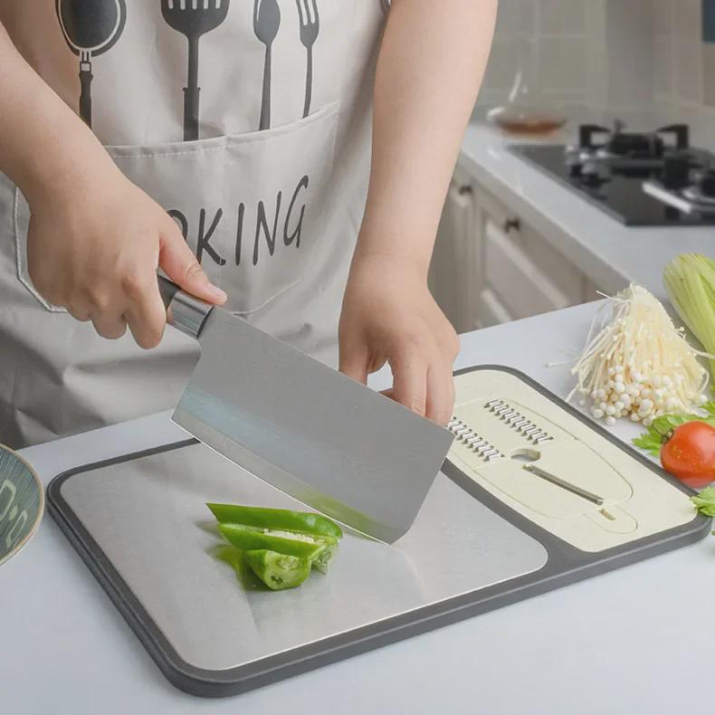 Diamond Pattern Double-Sided Kitchen Cutting Board with Stainless Steel Surface