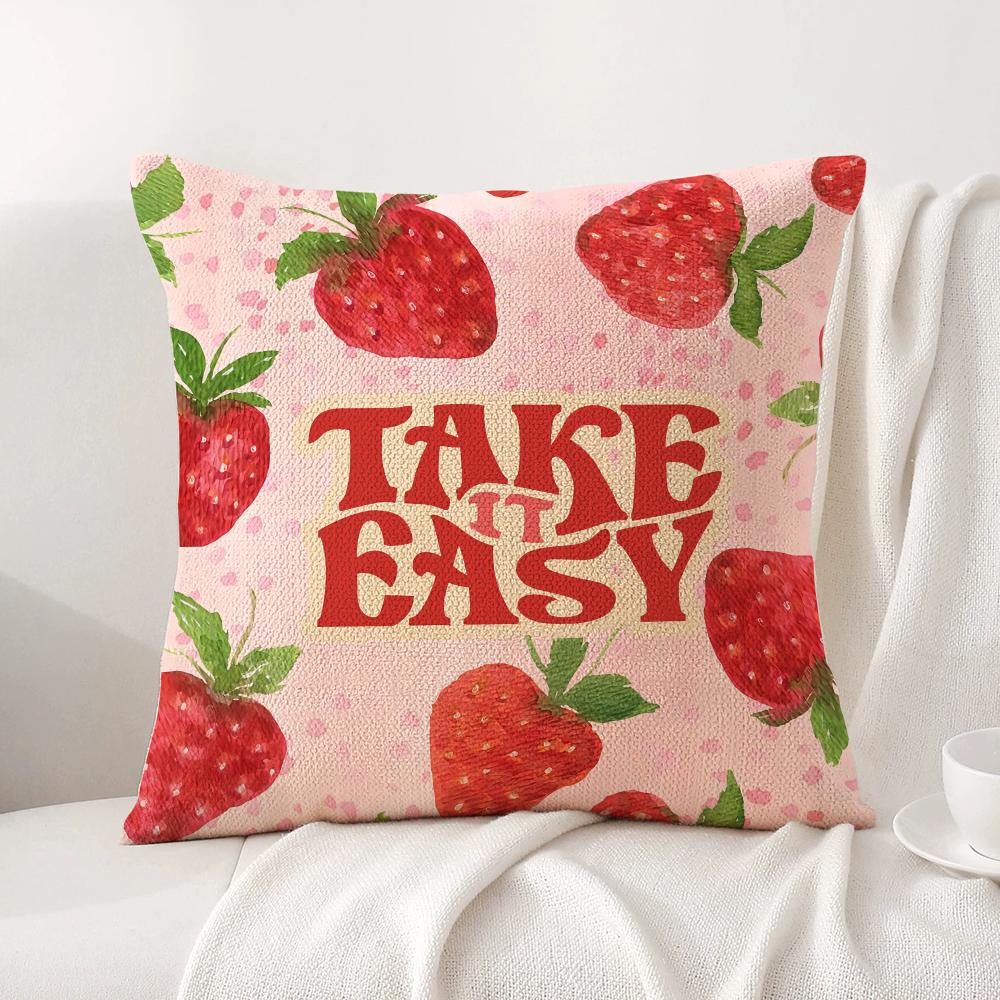 Cute Strawberry Print Cushion Cover Natural Linen Organic Fabric DoubleSided Printing Sofa Home Decor Breathable Bed Pillow