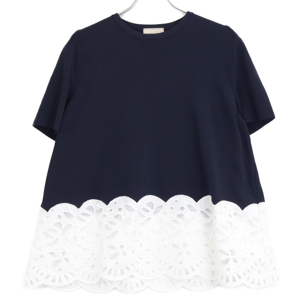 UNITED ARROWS [Excellent Condition] 1518-183-1832 Scallop Lace Combination Knit Tops * There Is No Size Description. Navy / WhiteUsed