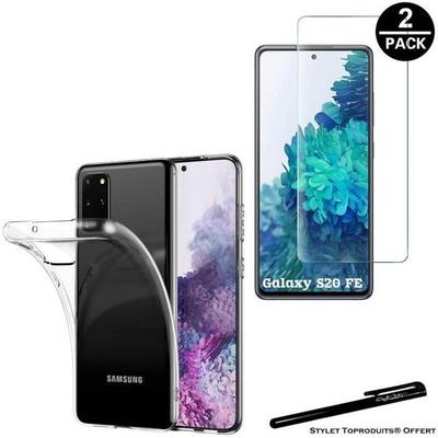 2 Tempered Glasses for Samsung Galaxy S20 FE and 1 Transparent Soft Protective Case with Toproduits® Stylus