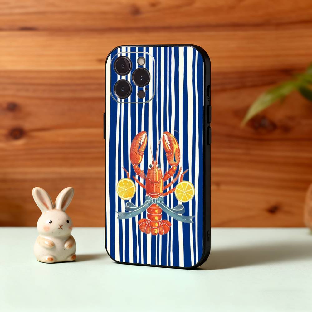 1PC Illustration of a Lobster Phone Case For iPhone17,16,15,14,13,12Plus,Pro Max,XS,5G Soft Silicone Black Cover