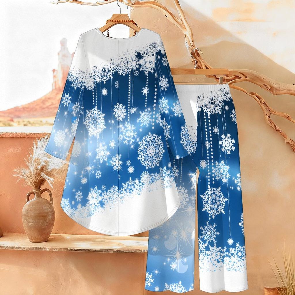 Christmas Print Two Piece Outfit Women Long Sleeve Irregular Hem Tunic Top Wide Leg Pants Casual Matching Set