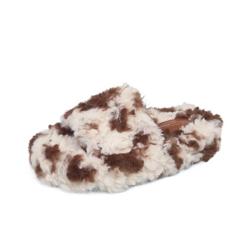 Damskie kapcie z podszewką polarową, w panterkę, na jednym pasku, gruba platforma, ciepłe, do domu/na zewnątrz, klapki