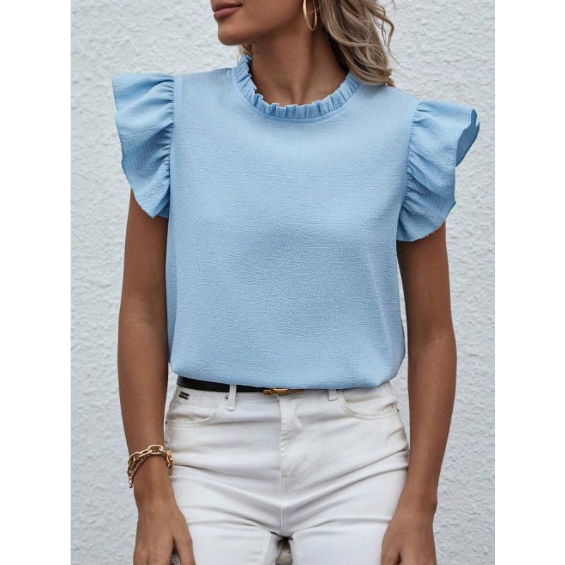 Women Short Sleeve Ruffled Round Neck Blouse